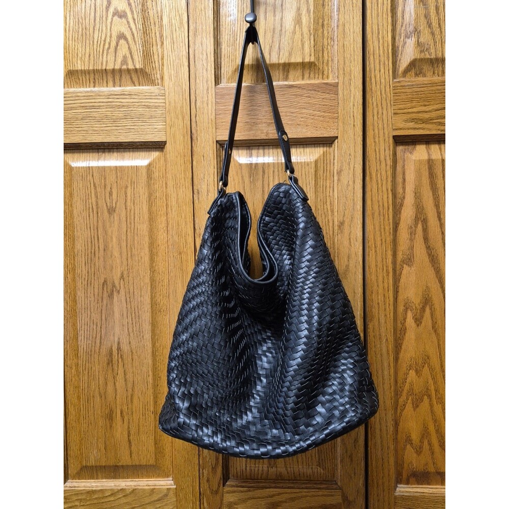 Deux Lux Real Leather Hobo Bag Black Woven Braided Strap Large